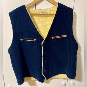 Vintage 70s Blue Corduroy Vest with Faux Sherpa Lining
